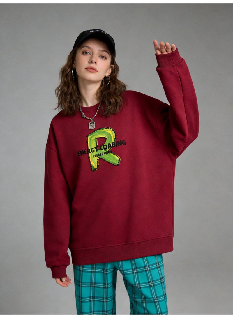 BM INS Burgundy "Graffiti Letter R" Oversized Crew Neck Sweatshirt | Unisex Pullover With "ENERGY LOADING" Slogan - Image 3